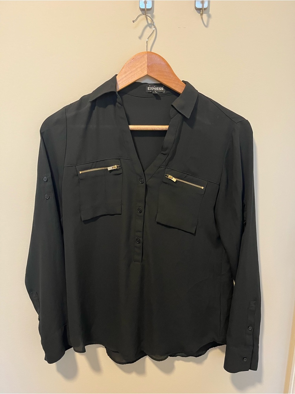 Express Black Long-Sleeve Button-Front Shirt with Gold Zips